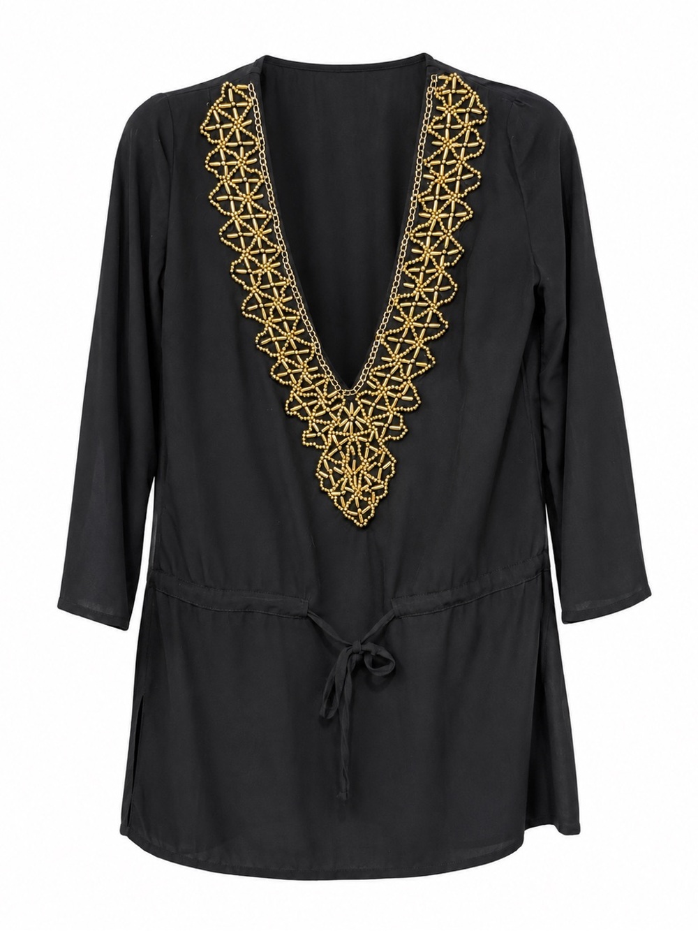 Swim Cover-Up Tunic with Embellished Gold Beaded V-Neck